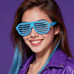 closeup painting of a very beautiful young mexican cyberpunk woman with a smile, wearing light blue shutter shades, slatted shades, and a purple coloured leather jacket, one side haircut, long brown hair with light blue ends, portrait, hyperdetailed, artstation, cgsociety, synthwave by tangerine dream, by jean - michel jarre, by vangelis, by john carpenter