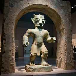 futuristic ancient creature arrived through a portal, ancient statue in museum