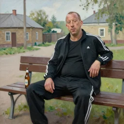 vin diesel in an black adidas suite sits on a bench with a bottle of beer in the courtyard of a provincial russian town, oil on canvas, naturalism