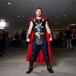 dwight schrute cosplaying thor, dragoncon, flash photography, full body, wide angle