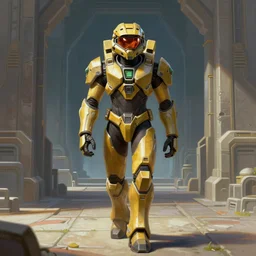 character portrait of samus aran from metroid wearing combination halo armor and varia suit cautious walking through an ancient temple, 8 k, realistic shading, symmetrical face details, digital painting, video game, matte painting, concept art, illustration, halo infinite, metroid, good value control, vibrant colors, john singer sargent