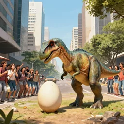 a dinosaur taking care of an egg in the middle of paulista avenue, people around scared while watching the event artwork by James Gurney