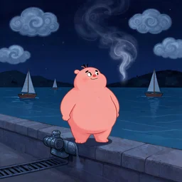 nightscape chubby cartoon concept art, wall with drain on the edge of the river, spiral clouds, sam and max, liquid smoke, sailboats
