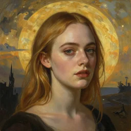 Elle Fanning in the painted world of Purity Ring, head and shoulders masterpiece, apocalypse, golden hour, cosmic horror, artstation, in the style of Andrew Wyeth and Edward Hopper and Bosch, extremely detailed