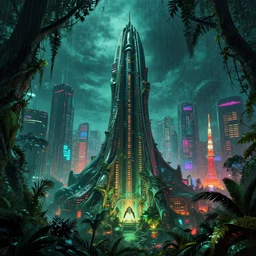 architecture by albert bierstadt, thermal vision cgsociety retrowave synthwave extraterrestial liberty city at night tokyo alien futuristic retro anime postcyberpunk rainforest forest assassin's creed magic realism junglepunk apocalyptic fisheye, archdaily, wallpaper, highly detailed, trending on artstation.