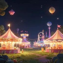 a night carnival in a dreamworld, night, dark background, glowing lights, beautiful lighting, highly detailed digital art, trending in behance.