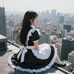 Lady in a black and white maid dress with long hair, she is sitting on the roof of a skyscraper and looking at the horizon of a large city. Fantasy and concept art by ayami kojima