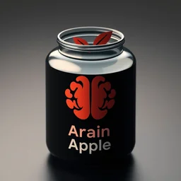 minimalistic logo of brain like apple, on black jar, advert, pastel colors, hyperrealism,