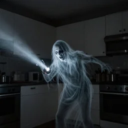 horror demon evil transparent spirit attacks in kitchen interior coloured photo shot on iphone, dynamic pose, middle body shot, sharp focus, grainy, corpse, paranormal flashlight, night, total darkness, poltergeist, aberrations,