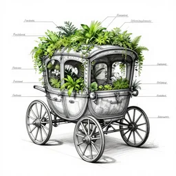 annotated highly, detailed and intricate, sketch of a carriage cabin full of green plants, marker concept art style rendering, concept art, half blueprint, trending on artstation, intricate details, center frame, annotations