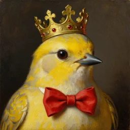 A beautiful and elegant oil painting of a yellow bird wearing a crown and a red bow tie, 50mm lens, studio lighting, oil painting, matte, close up, 4k, by Sandro Boticceli