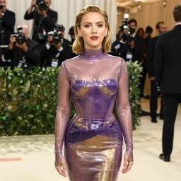 sexy Scarlett Johansson wearing very tight Translucent purple and Gold latex dress Met Gala photoshoot
