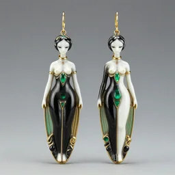 artnouveau alien goddess earrings made by René lalique  in black, white and emerald and gold