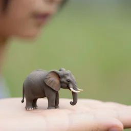 a tiny minuscule elephant next to a human - n 9