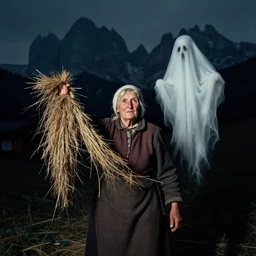 1 9 2 0 s spirit portrait photography of an old female farmer 0 0 0 1 1 turning into a krampus ghost with hay cloth in the dolomites, by william hope, dark, eerie, grainy