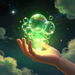 a human hand holding a bunch of glass bubbles in a cosmos space full of stars and clouds, volumetric light, green and yellow colors, digital art, artstation