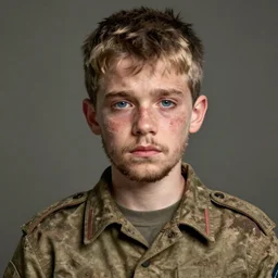 portrait of tall, tired and fucked up 3 3 - year - old handsome man with short darkblonde hair, sad eyes and beard, blue eyes, wearing dirty soldier uniform, hyper realistic face, beautiful eyes, character art, art by mark brooks, hyperdetailed, cryengine, trending on artstation, digital art