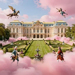 victorian palace with beautiful gardens on pink fluffy clouds adopts the language of rococo, reimagining the dynamism of works by eighteenth - century artists such as giovanni battista tiepolo, francois boucher, nicolas lancret and jean - antoine watteau through a filter of contemporary cultural references including film, food and consumerism