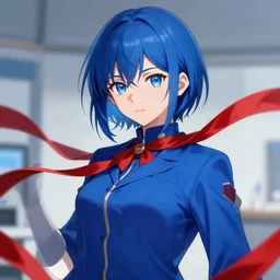 scientist girl, red ribbon, blue jacket, short blue hair, anime, very beautiful, pixiv, sharp, detailed, high quality, by greg rutkowski, artgerm