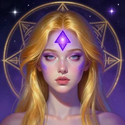 centered colorful head and shoulders portrait of a girl with glowing purple third eye chakra and golden hair, geometric third eye triangle, sci - fi face, sacred geometric mandal background, breathtaking stars, elegant, highly detailed, digital painting, artstation, concept art, smooth, sharp focus, illustration, art by artgerm and greg rutkowski and alphonse mucha, psychedelic