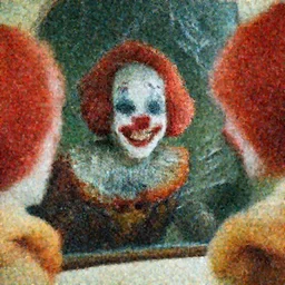 “creepy smiling clown reflected in a broken mirror, 70mm”