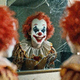 “creepy smiling clown reflected in a broken mirror, 70mm”