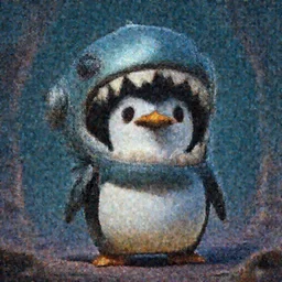 anthropomorphic Robot Penguin in Gears of War cover art,Shark teeth, ultra wide lens shot , tiny, small, short, cute and adorable, pretty, beautiful, DnD character art portrait, matte fantasy painting, eerie, DeviantArt Artstation, by Jason Felix by Steve Argyle by Tyler Jacobson by Peter Mohrbacher, cinematic lighting