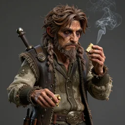A rundown looking hobbit smoking crack, ultra realistic, concept art, intricate details, eerie, highly detailed, photorealistic, octane render, 8k, unreal engine, art by artgerm and greg rutkowski and alphonse mucha