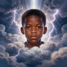 upper half portrait of an african boy inside a group of clouds - surrounded by bolts of lightning with rays of light emanating from clouds - in drew struzan movie poster style, art by drew struzan, highly detailed, digital painting, ray tracing, illustration, smooth, sharp focus, intricate, symmetry, artstation,