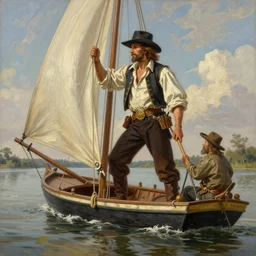 a portrait matte painting of american legend mike fink sailing a keelboat along the shoreline of the mississippi river, in the style of george philip reinagle and greg rutkowski, digital painting, photorealistic, ornately detailed, unreal engine, extremely detailed masterpiece, illustration, trending on artstation