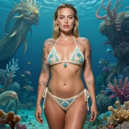 margot robbie portrait posing in a magical crochet bikini in front of atlantis, tattooed body, full body shot, wet boody, highly detailed realistic face, highly detailed eyes, fantasy art, in the style of greg rutkowski, illustration, epic, fantasy, intricate, hyper detailed, artstation, concept art, smooth, sharp focus, ray tracing, vibrant