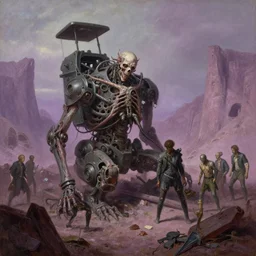 oil painting of 3 0 0 0 battle sickly machine with fimbia illness in abandoned puce gastic valley, by alberto bontempi, shigeru komatsuzaki, wayne d barlowe, alex ross, enric torres, simon bisley & boris vallejo, hyper realism, cinematical, narrative light, muted colors, epic, hyper detailed, awe inspiring,