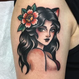 tattoo design, stencil, traditional, beautiful portrait of a girl with flowers in her hair, upper body, by artgerm, artgerm, digital art, cat girl, sexy