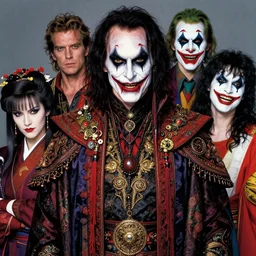photorealistic portrait of evil looking tim curry wearing intricate shao khan costume, bizarre voodoo makeup, clown makeup, by amano, karol bak, greg rutkowski, and akira toriyama, tonalism, hyperrealistic, artgerm, concept art, masterpiece.