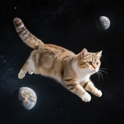a cat flying in space