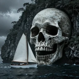 realistic photo of a 1 9 2 5 seiner sailing near a tropical skull - shaped cliff with the mouth of a sea cave at the waterline, dark, brooding, atmospheric, lovecraft, horror, smooth, epic, highly detailed, cinematic, by clyde caldwell