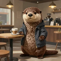 anthropomorphic furry otter wearing cool clothes in a coffee shop, trending on art station, furaffinity, harsh lighting, painting