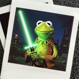 Kermit the frog dressed as a Jedi, with green lightsaber, polaroid photo, instax, white frame, by Warhol,