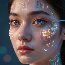 close-up of a face with intricate detailed light-emitting OLED tatoos on the skin and contact lenses showing health information and vital sign visualizations, heart rate, ultra HD realistic wide focus 8k ultra soft light RTX on VFX octane render pixiv pinterest colorful more reflection