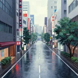 rainy and empty streets of tokyo, beautiful matte painting, brian froud, yoshitaka amano, kim keever, victo ngai, james jean. split - complementary color schemes