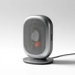 chrome space heater, professional product shot, isolated on a pure white background, centered, entire object in frame, sharp focus, soft studio lighting