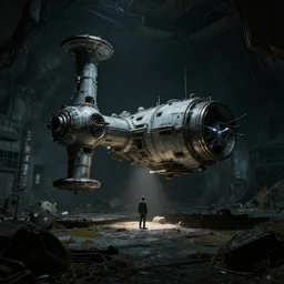 A single weak light enlighten the scene of a abandoned and derelict space station. 4K , Highly detailed , High details , Dead space , System shock 2