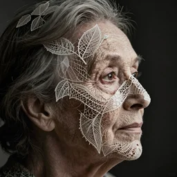 a 9 0 year old woman's face in profile, made of intricate decorative lace leaf skeleton, in the style of the dutch masters and gregory crewdson, dark and moody, depth of field