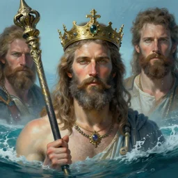 close up portrait of god of the sea, with scepter and crown, rising from the ocean by Ross Tran and Thomas Cole and Wayne Barlowe, photorealistic