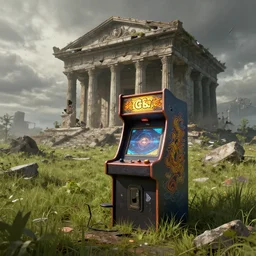 an arcade machine that is sitting in the grass of in front of an abandoned temple, a detailed matte painting by chris labrooy, cgsociety contest winner, auto - destructive art, apocalypse art, apocalypse landscape, unreal engine 5