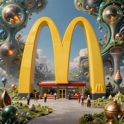 futuristic mcdonalds, fantasy landscape made of fractals facing each other, ultra realistic, wide angle, intricate details, the fifth element artifacts, highly detailed by peter mohrbacher, hajime sorayama, wayne barlowe, boris vallejo, aaron horkey, gaston bussiere, craig mullins