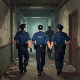 league of legends, 3 police men following a mage, in a dilapidated building hallway, digital painting, anime style, cell shaded, art by yoh yoshinari,