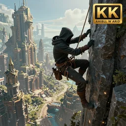 an epic fantasy comic book style landscape painting of a hooded thief using a rope to climb a tall building with a fantasy city, unreal 5, daz, hyperrealistic, octane render, dynamic lighting, award winning, 8 k, ultra wide angle