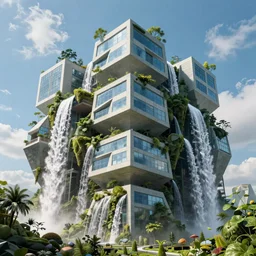 angular building by escher and ricardo bofill. utopian landscape by roger dean. magical realism, surrealism, waterfalls, trending on artstation, shot from below,