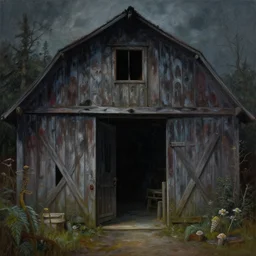 bob ross grunge painting of the dark entrance of a barn, monster and horror theme. monster theme, detailed, elegant, intricate, 4 k,